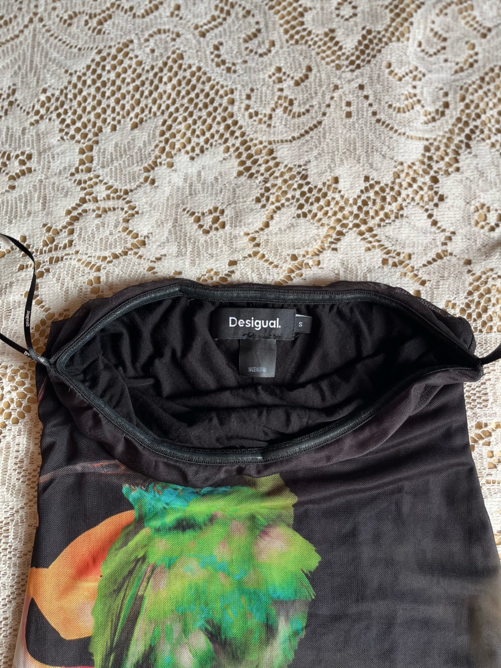 Desigual Tropical Bird Print Strapless Mesh Midi Dress, Black, Size S - Picture 3 of 5